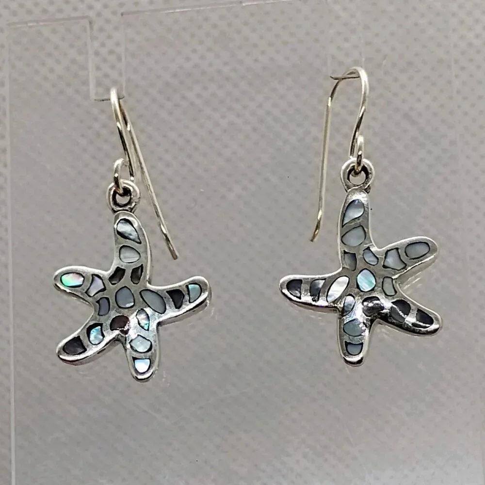 Sterling Silver Starfish Earrings With Abalone Inlay Star Dangle - Picture 1 of 3